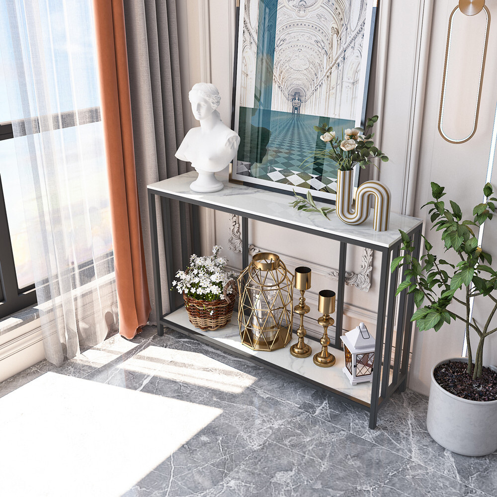 Modern White Marble Console Table with Storage Shelf_5