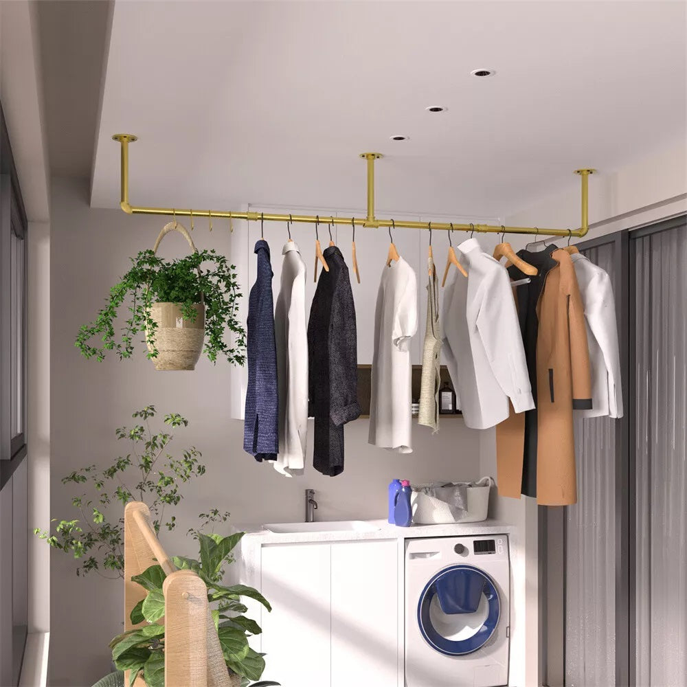 Wall Mounted Iron Clothing Storage Hanger Rod - Gold_6