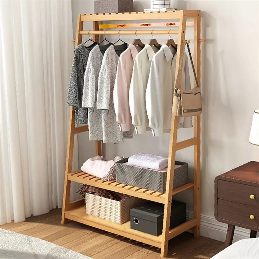 Bamboo Garment Coat Clothes Rack with top shelf and 2-tier Shoe Organizer Shelves_0