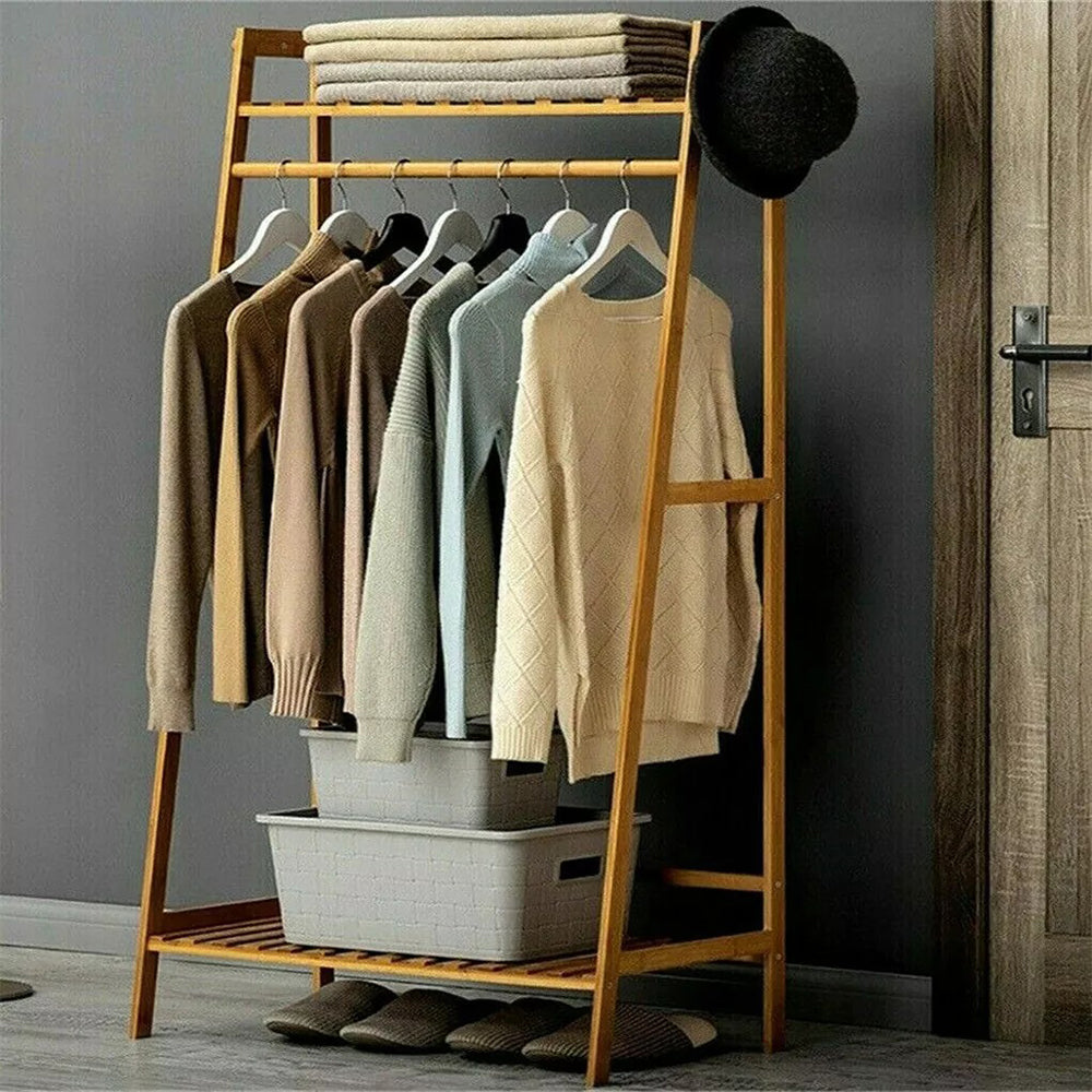 Bamboo Garment Coat Clothes Rack with top shelf and 2-tier Shoe Organizer Shelves_2