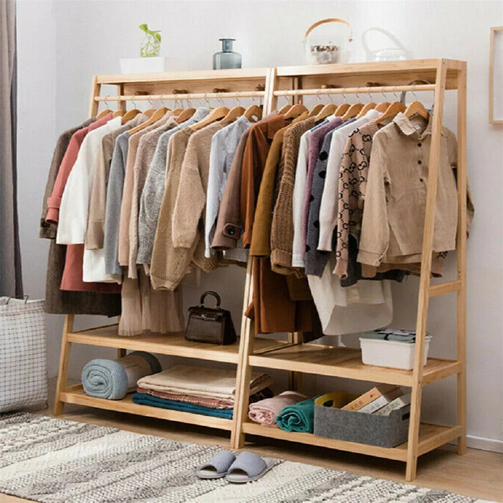 Bamboo Garment Coat Clothes Rack with top shelf and 2-tier Shoe Organizer Shelves_7