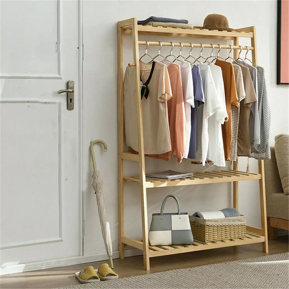 Bamboo Garment Coat Clothes Rack with top shelf and 2-tier Shoe Organizer Shelves_8