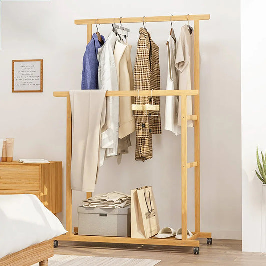 Double-Rail Bamboo Clothes Rack High Low Hanging Rod Organizer_0