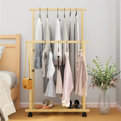 Double-Rail Bamboo Clothes Rack High Low Hanging Rod Organizer_1