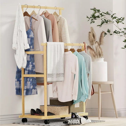 Double-Rail Bamboo Clothes Rack High Low Hanging Rod Organizer_2