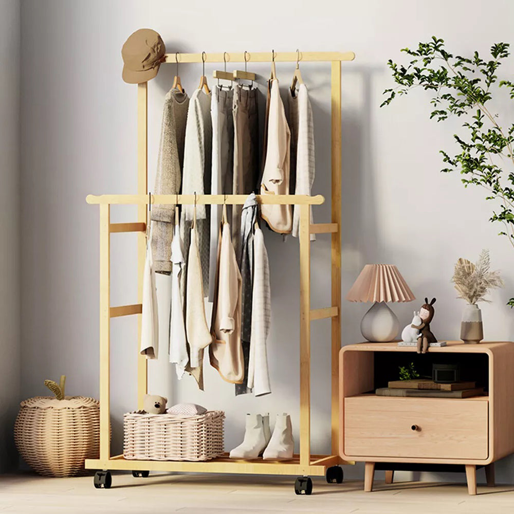 Double-Rail Bamboo Clothes Rack High Low Hanging Rod Organizer_3