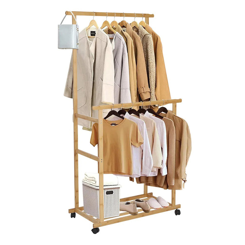 Double-Rail Bamboo Clothes Rack High Low Hanging Rod Organizer_4