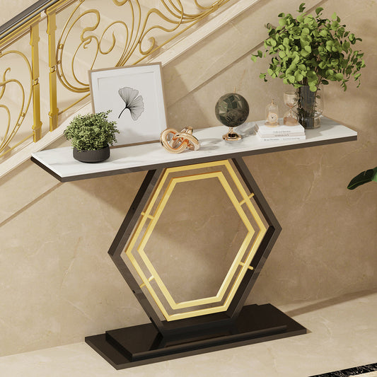 Console Table Sintered Stone Top Narrow Entryway Sofa Side Table Geometric Base_0