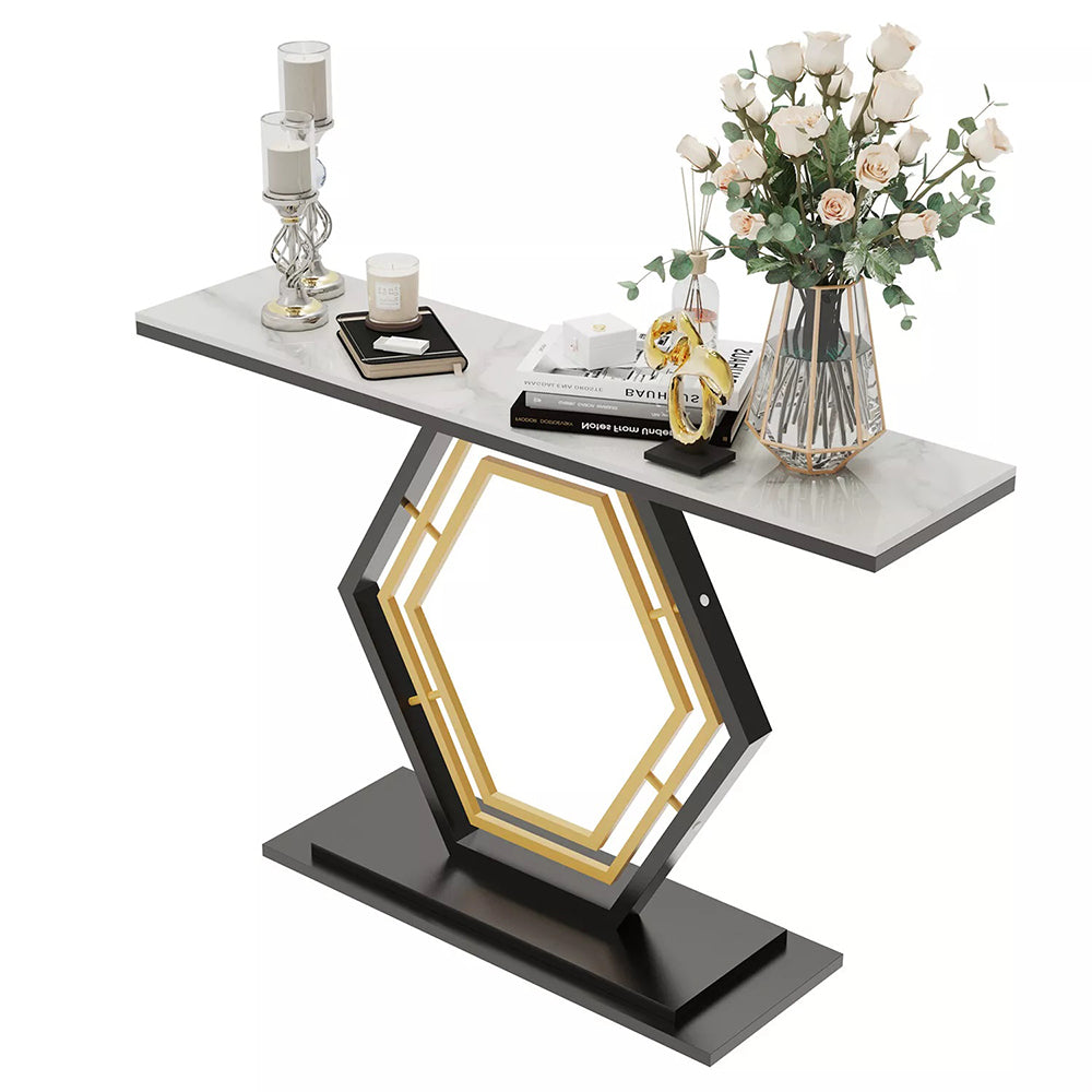 Console Table Sintered Stone Top Narrow Entryway Sofa Side Table Geometric Base_4