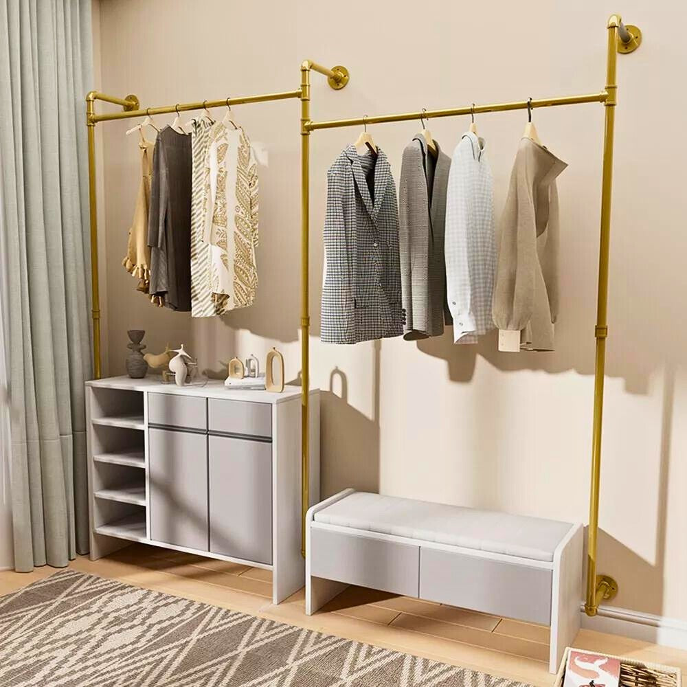 Industrial Pipe Clothing Rack Wall Mounted with Hanging Rods - Gold_3