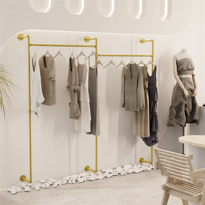 Industrial Pipe Clothing Rack Wall Mounted with Hanging Rods - Gold_4