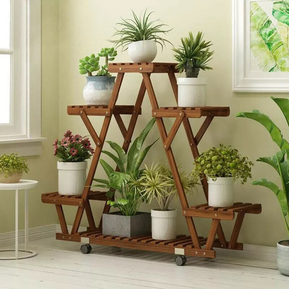 Triangular Plant Shelf 6 Potted Wood Plant Holder Flower Pot Stand_0