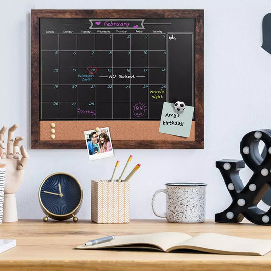 Wood Framed Calendar Magnetic Blackboard Monthly Weekly Notice Board_0