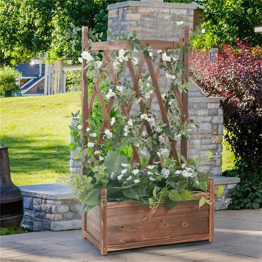 Lattice Raised Garden Bed Wooden Planter Box with Trellis_1