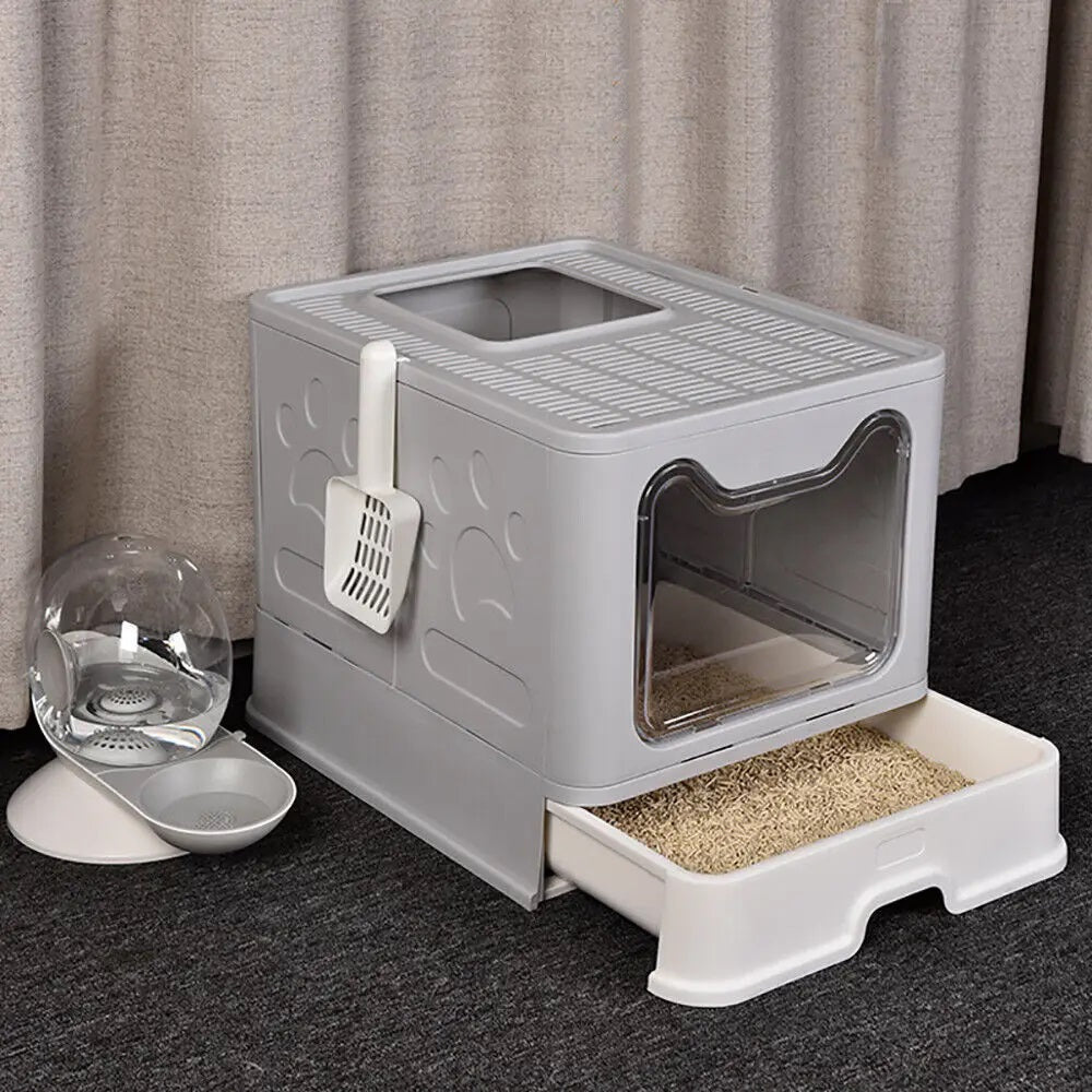 Large Space Foldable Cat Litter Box with Front Entry & Top Exit with Tray_0