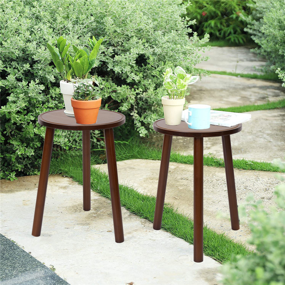 2PCS Small Side Table Round Wood Plant Stand Flower Pots_0