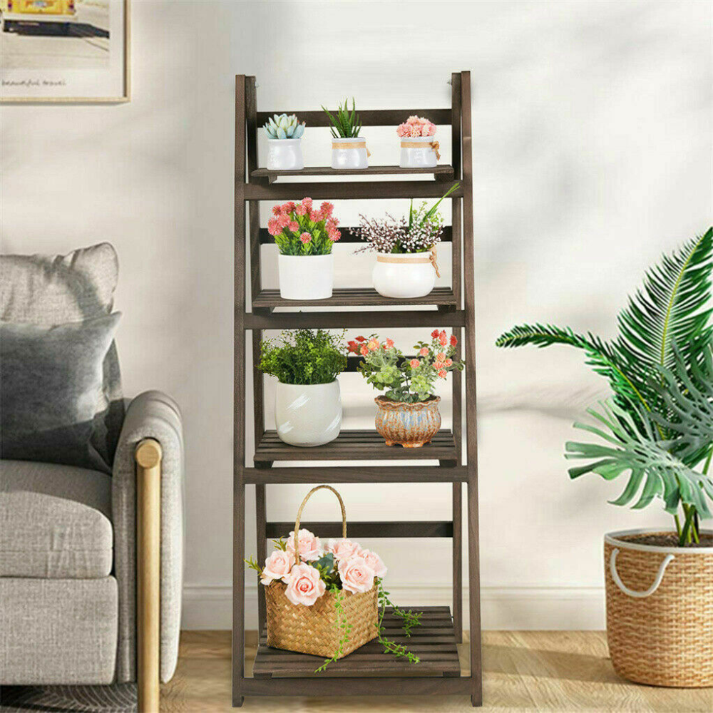 Folding 4 Tier Ladder Shelf Storage Shelving Unit Wooden Bookcase_5