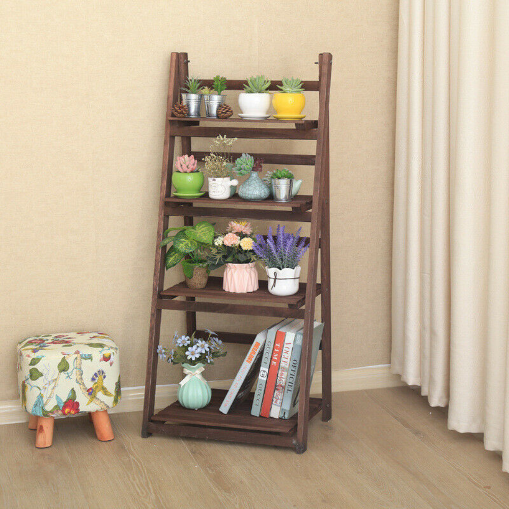 Folding 4 Tier Ladder Shelf Storage Shelving Unit Wooden Bookcase_8