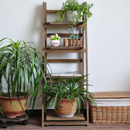 Folding 4 Tier Ladder Shelf Storage Shelving Unit Wooden Bookcase_4