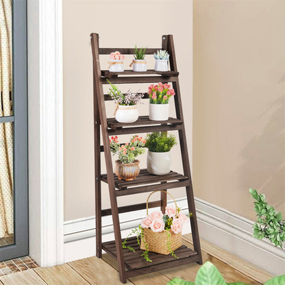 Folding 4 Tier Ladder Shelf Storage Shelving Unit Wooden Bookcase_0