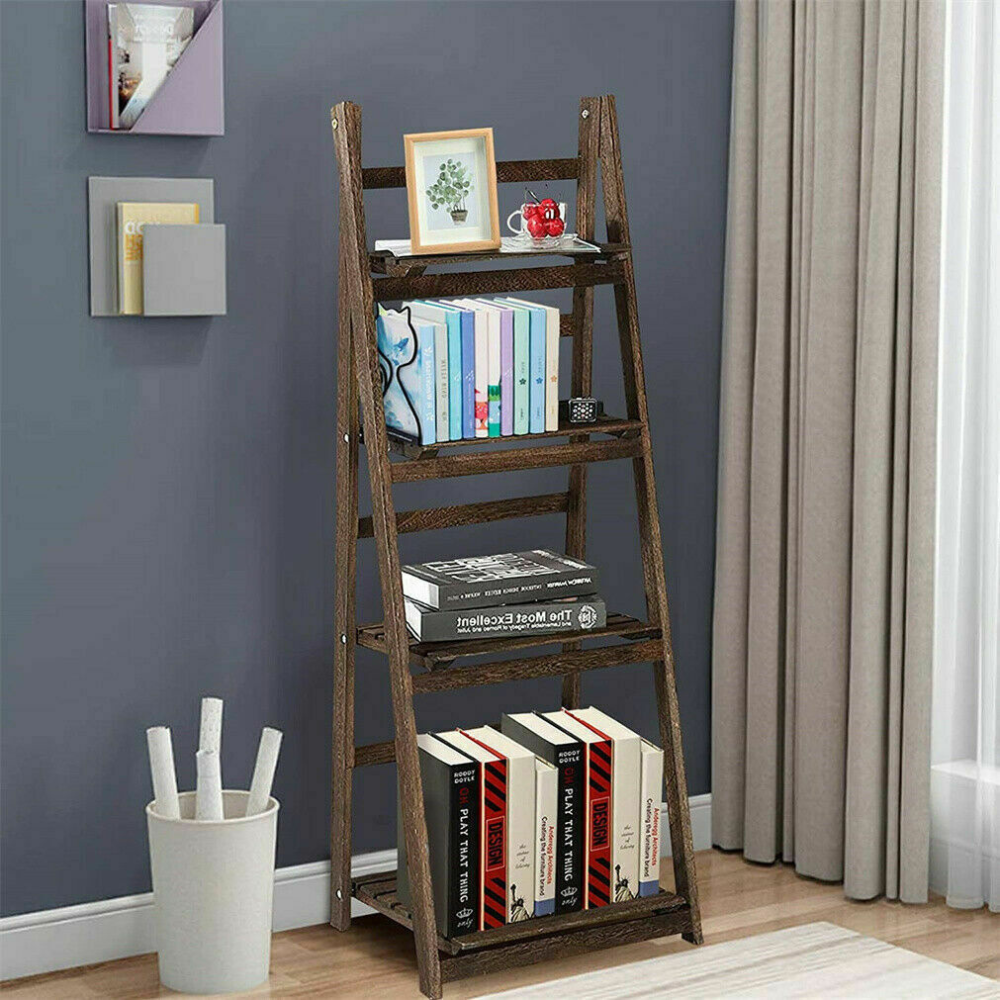 Folding 4 Tier Ladder Shelf Storage Shelving Unit Wooden Bookcase_2