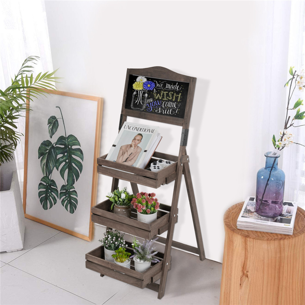 Folding Ladder 3 Tier Plant Stand Garden Flower Pot Holder Shelf with Chalkboard_4