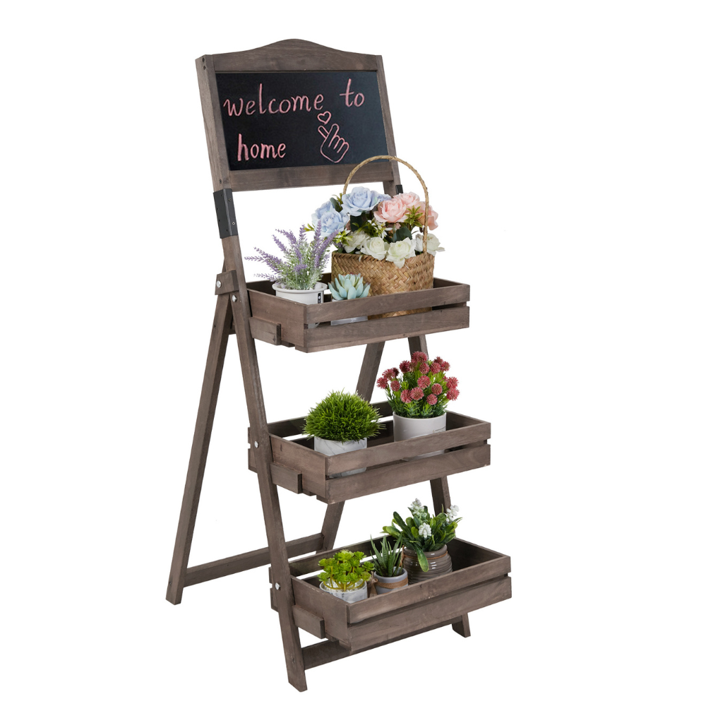 Folding Ladder 3 Tier Plant Stand Garden Flower Pot Holder Shelf with Chalkboard_6