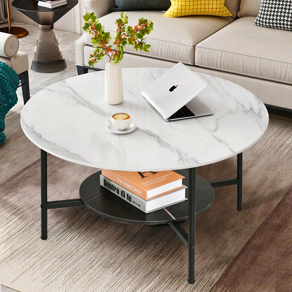 2 Tier Round Sofa Side End Table Marble Coffee Table_0