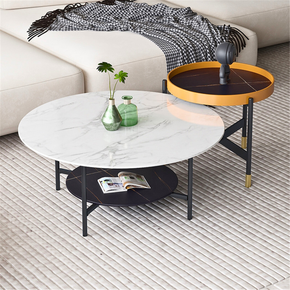 2 Tier Round Sofa Side End Table Marble Coffee Table_1