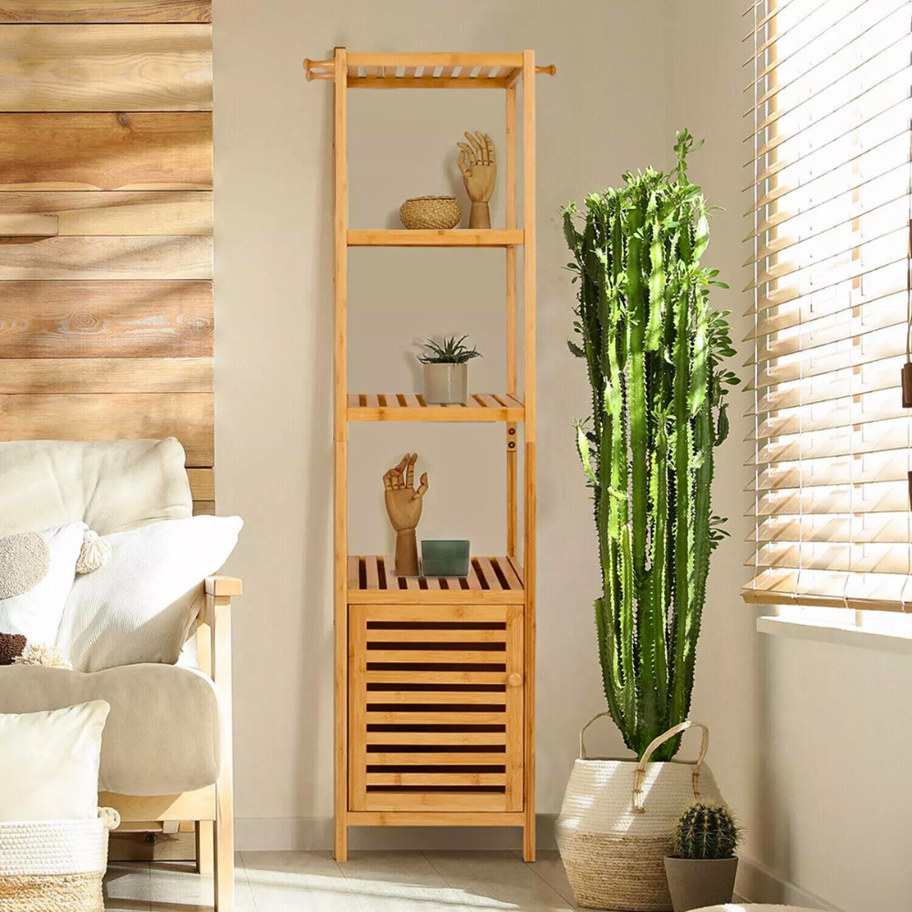 Tall Slim Bamboo Bathroom Storage Cabinet with 3-tier Shelves_2