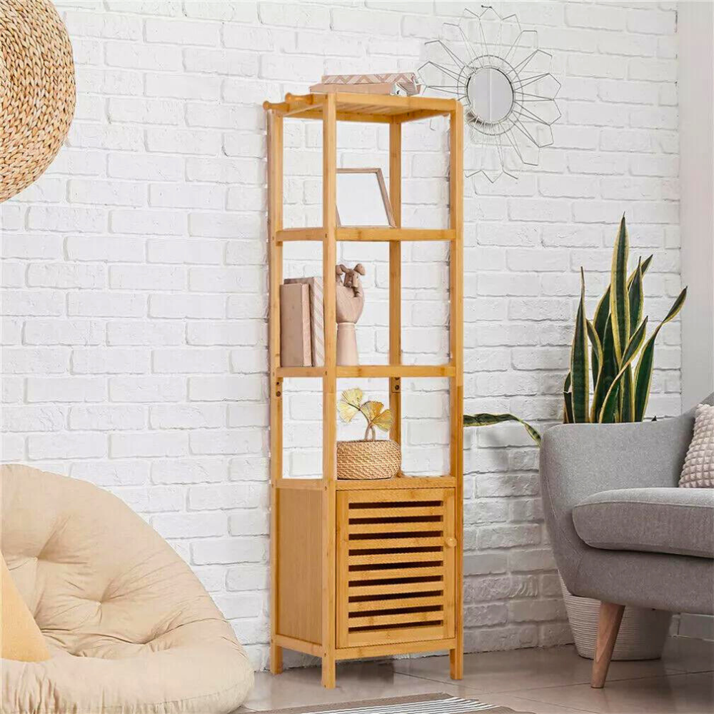 Tall Slim Bamboo Bathroom Storage Cabinet with 3-tier Shelves_0