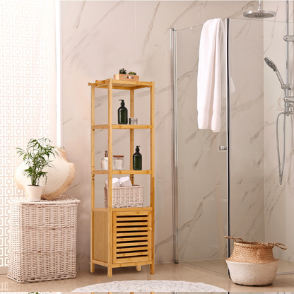 Tall Slim Bamboo Bathroom Storage Cabinet with 3-tier Shelves_5