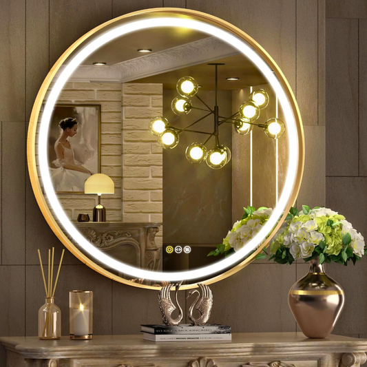 Round LED Dimmable Aluminum Fram HD Glass Wall Mounted Illuminated Vanity Mirror_0