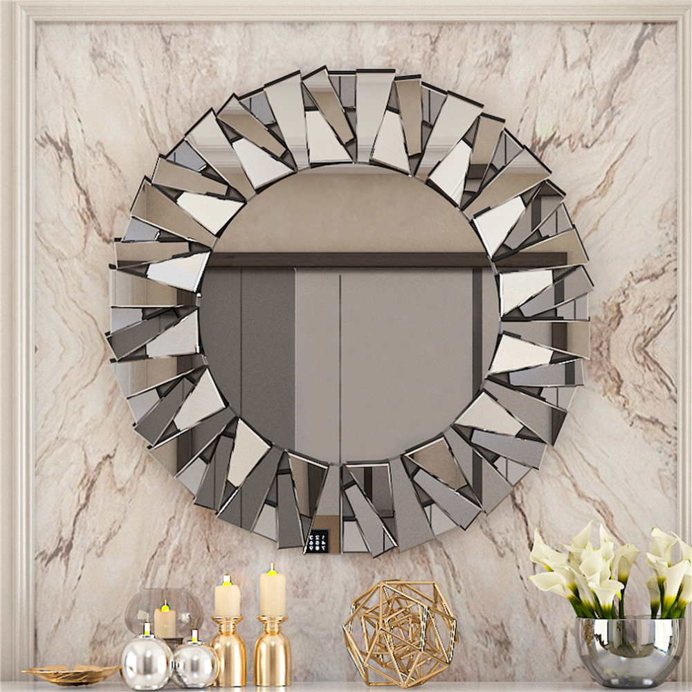 Unique Sunburst Decorative Wall Mounted Beveled Glass Accent Mirror - Round 80CM Silver_0