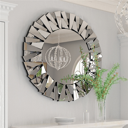 Unique Sunburst Decorative Wall Mounted Beveled Glass Accent Mirror - Round 80CM Silver_1