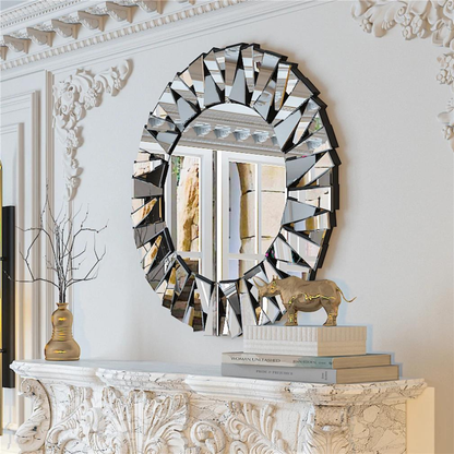 Unique Sunburst Decorative Wall Mounted Beveled Glass Accent Mirror - Round 80CM Silver_2