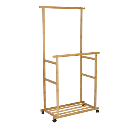 Free Standing Bamboo Double Hanging Clothes Organizer on Wheels_9