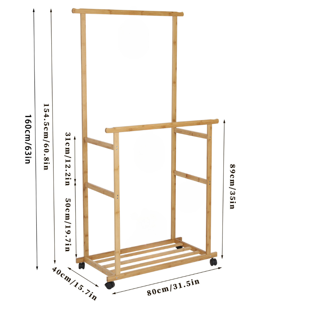 Free Standing Bamboo Double Hanging Clothes Organizer on Wheels_10