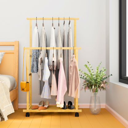 Free Standing Bamboo Double Hanging Clothes Organizer on Wheels_1