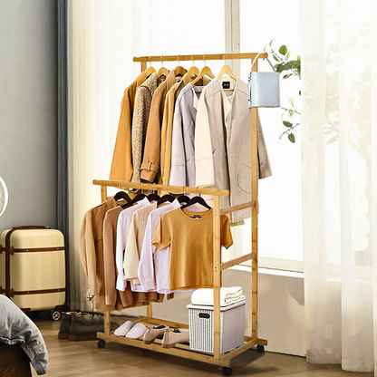 Free Standing Bamboo Double Hanging Clothes Organizer on Wheels_2