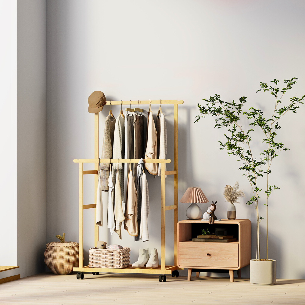 Free Standing Bamboo Double Hanging Clothes Organizer on Wheels_4