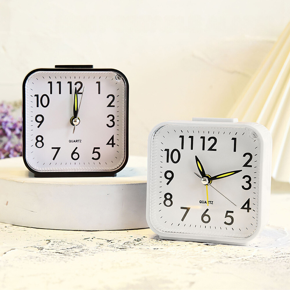 Mini Square Silent Alarm Clocks Non-ticking Analog Quartz Clock with LED - Battery Power_1