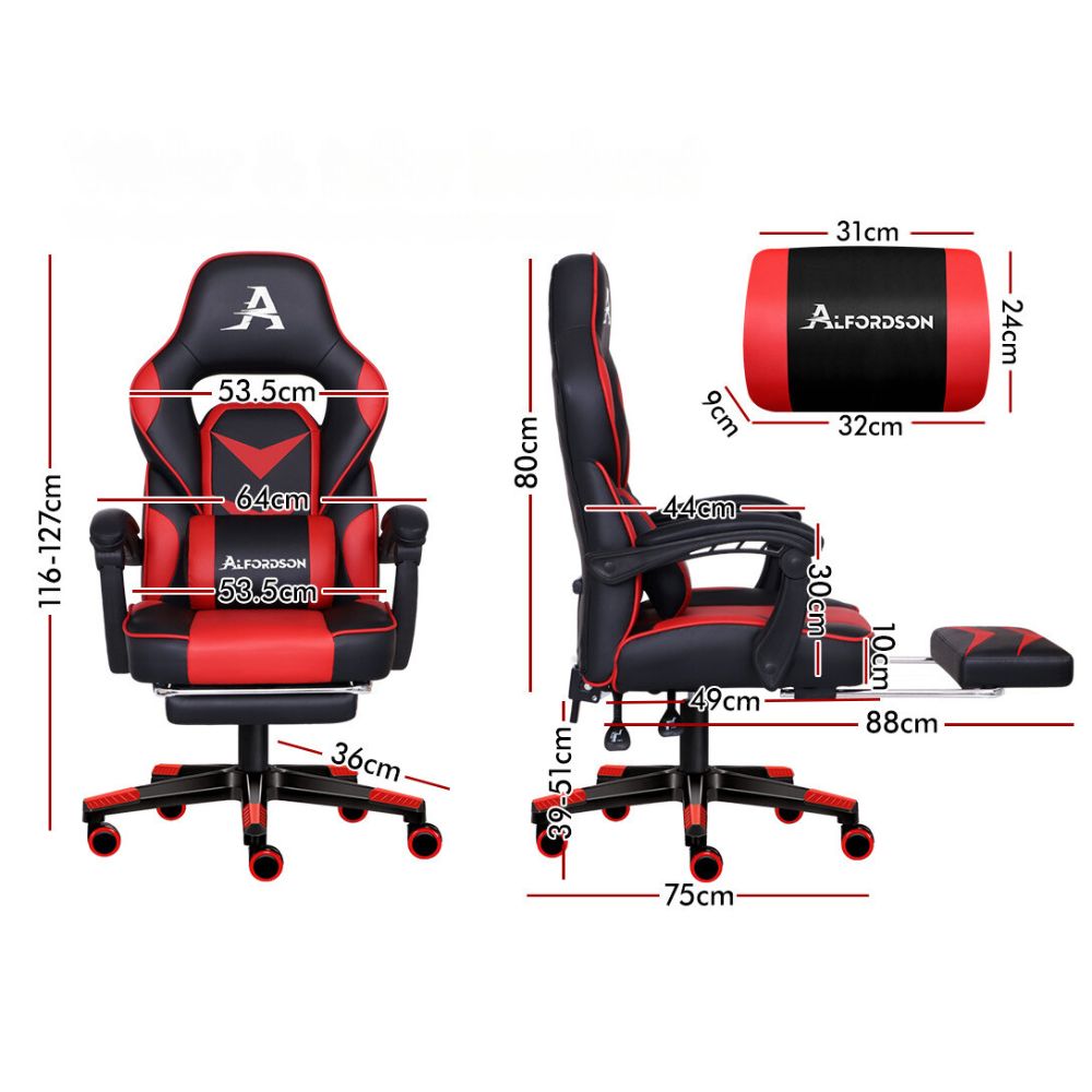 Gaming Chair Office Seat Generous Padding Footrest Red Colour_5