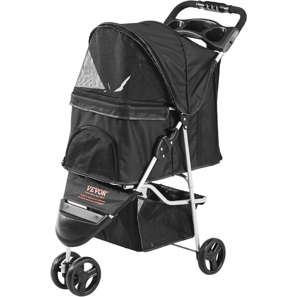 3 Wheel Black Dog Stroller with Front Pedal Storage Basket and Cup Holder_2