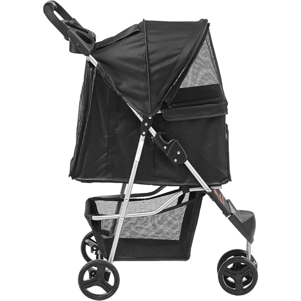 3 Wheel Black Dog Stroller with Front Pedal Storage Basket and Cup Holder_3