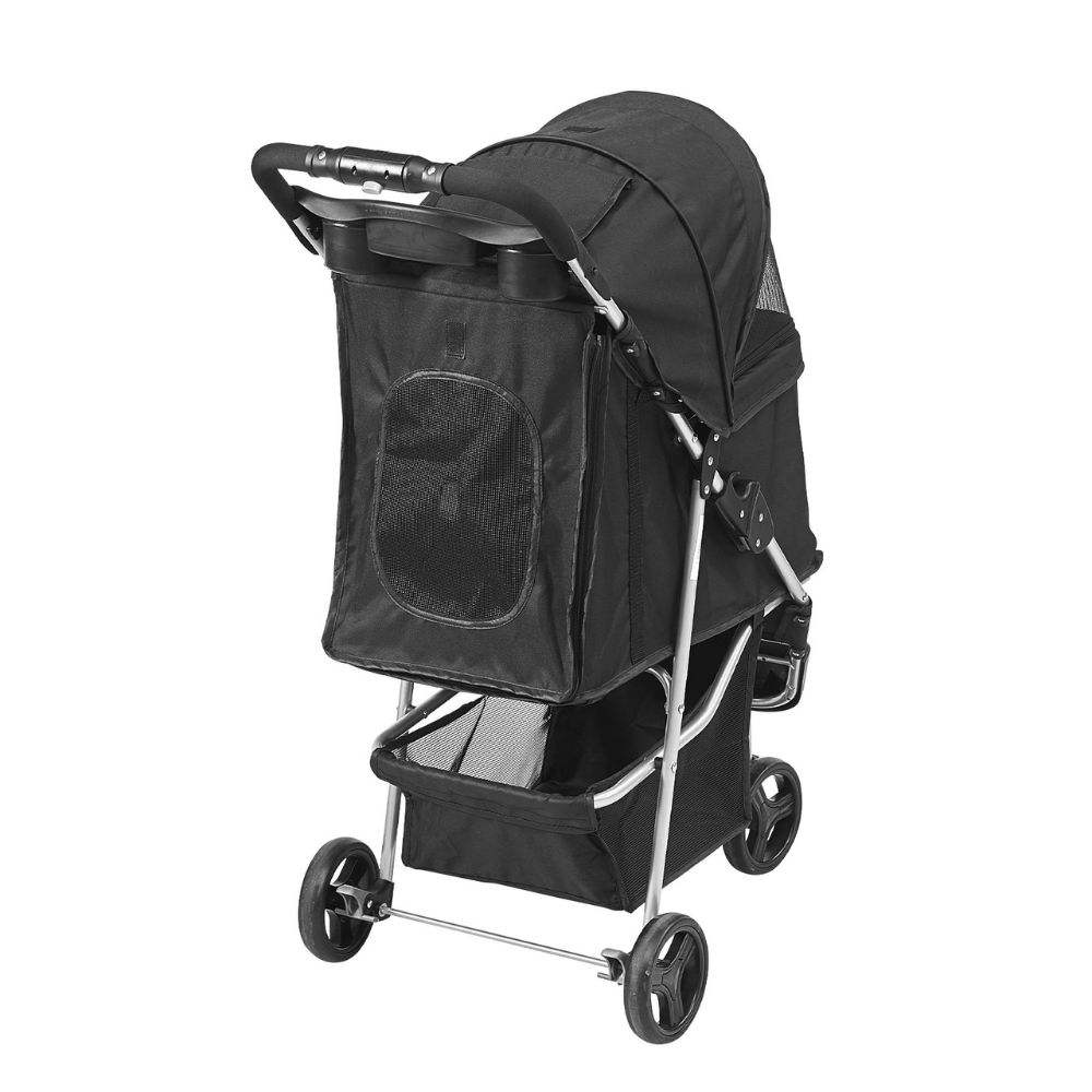 3 Wheel Black Dog Stroller with Front Pedal Storage Basket and Cup Holder_4