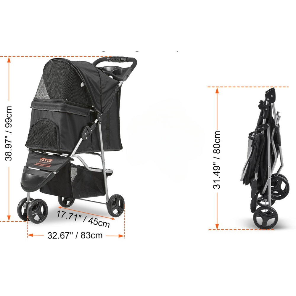 3 Wheel Black Dog Stroller with Front Pedal Storage Basket and Cup Holder_6