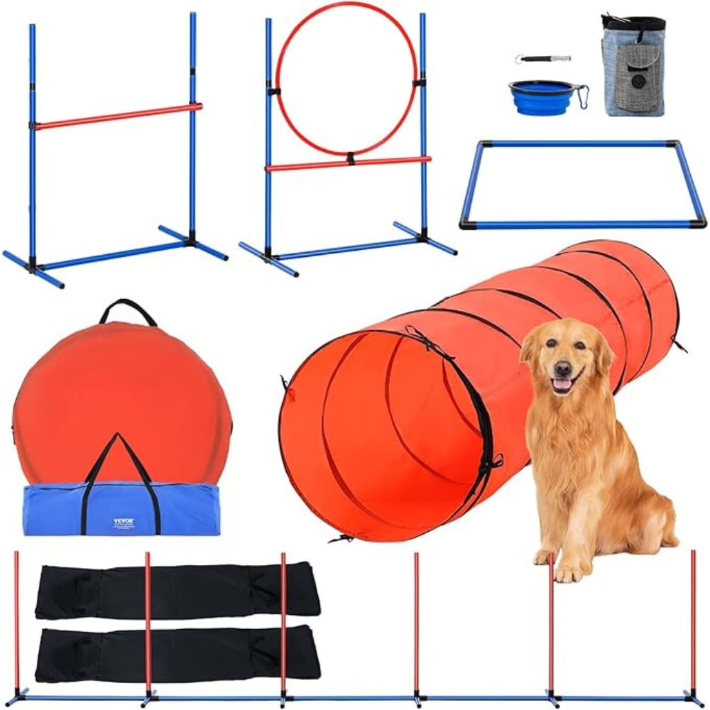 5 Piece Dog Agility Training Set Upgrade with Adjustable Hurdles and Extended Tunnel_0