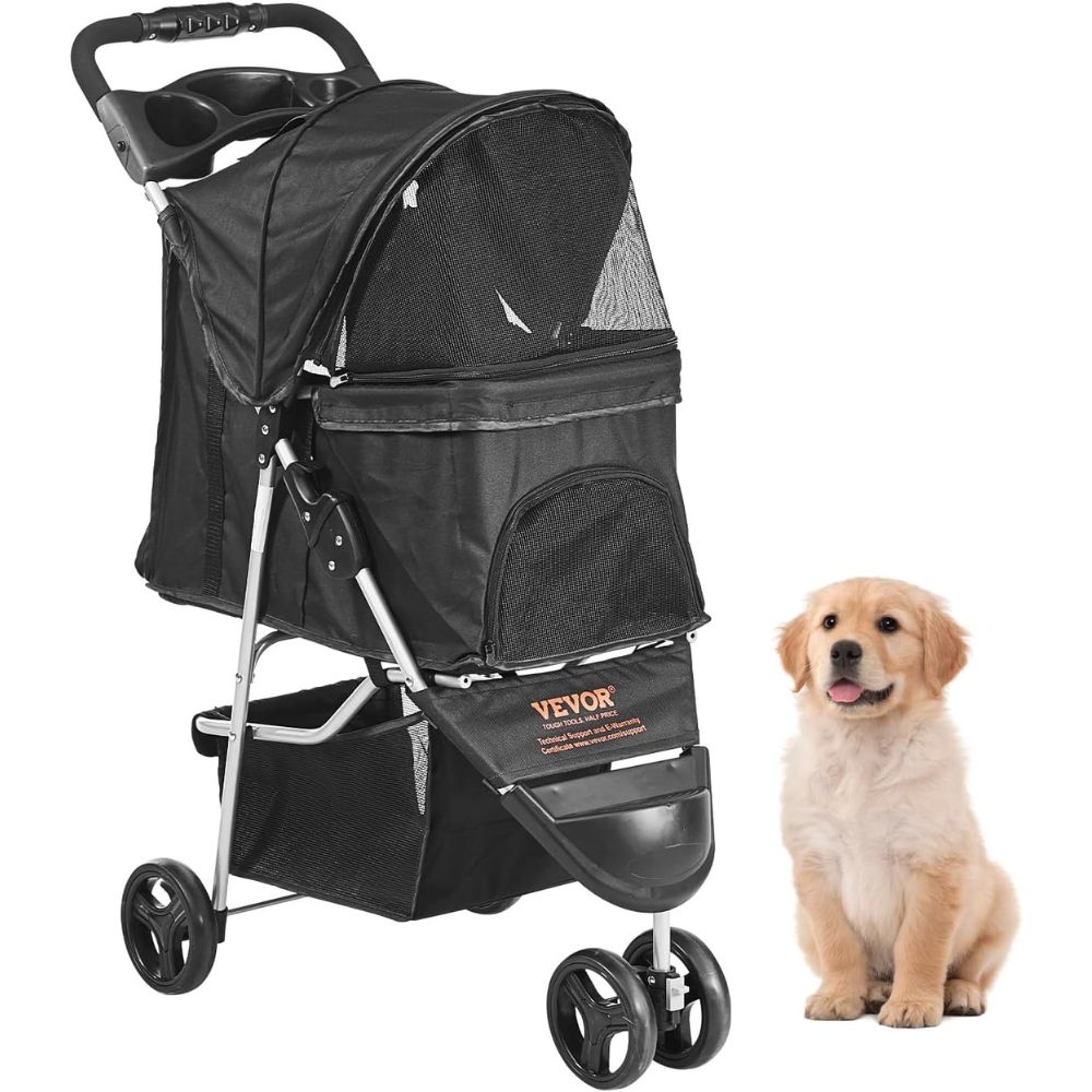 3 Wheel Black Dog Stroller with Front Pedal Storage Basket and Cup Holder_1