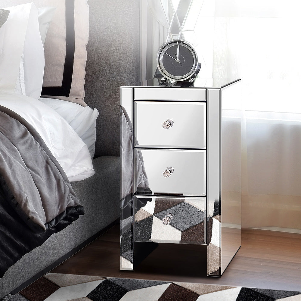 Bedside Table Mirrored Cabinet Nightstand Side End Table Drawers_0